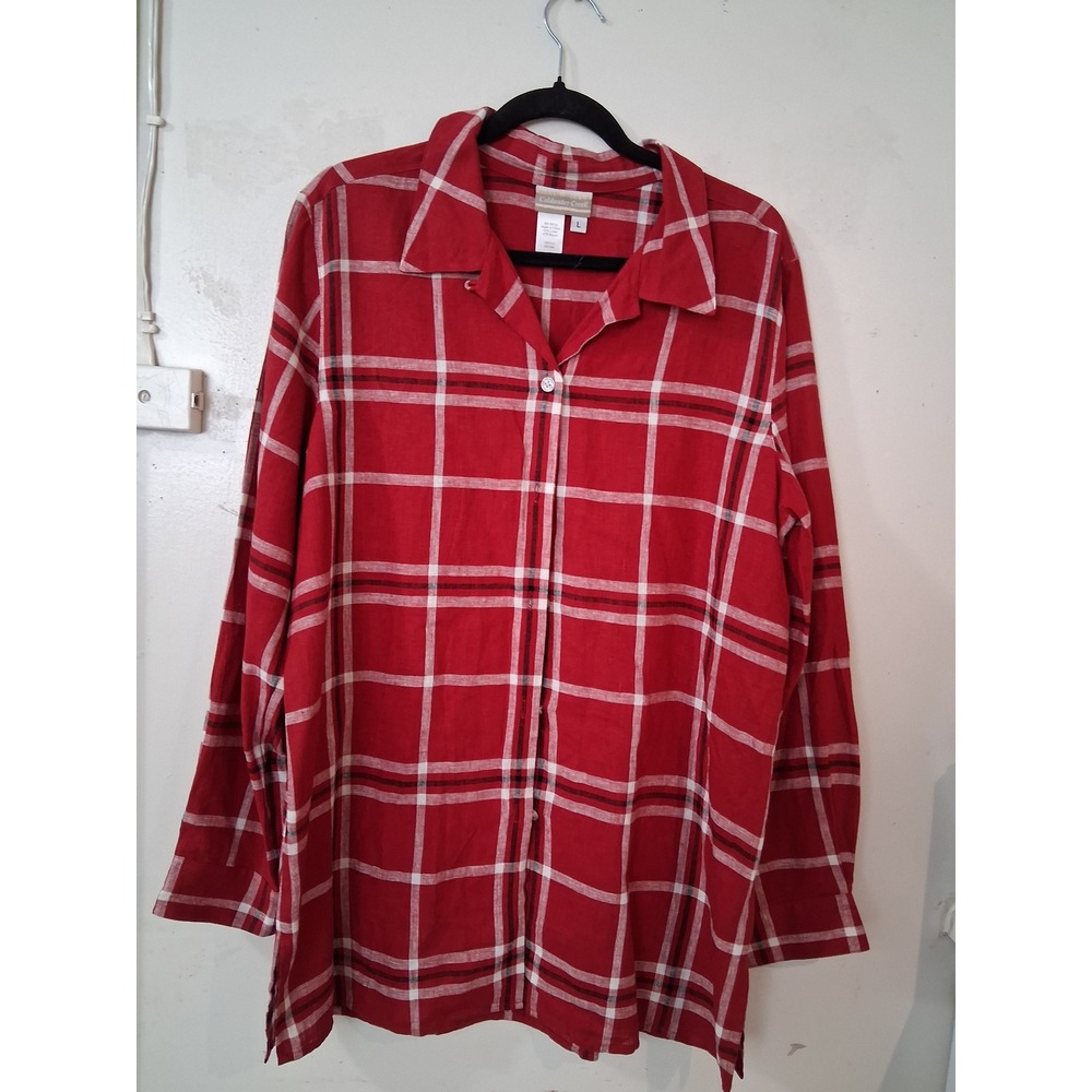 Coldwater Creek Red Plaid Linen Rayon Button Down Tunic Shirt Womens Large